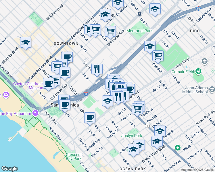 map of restaurants, bars, coffee shops, grocery stores, and more near 1756 Lincoln Boulevard in Santa Monica