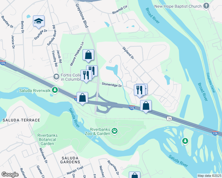 map of restaurants, bars, coffee shops, grocery stores, and more near 180 Stoneridge Drive in Columbia