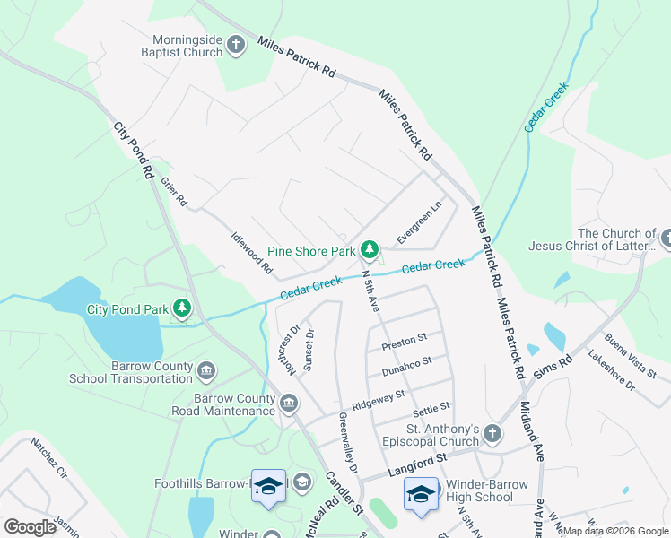 map of restaurants, bars, coffee shops, grocery stores, and more near 202 Colonial Hills Road in Winder