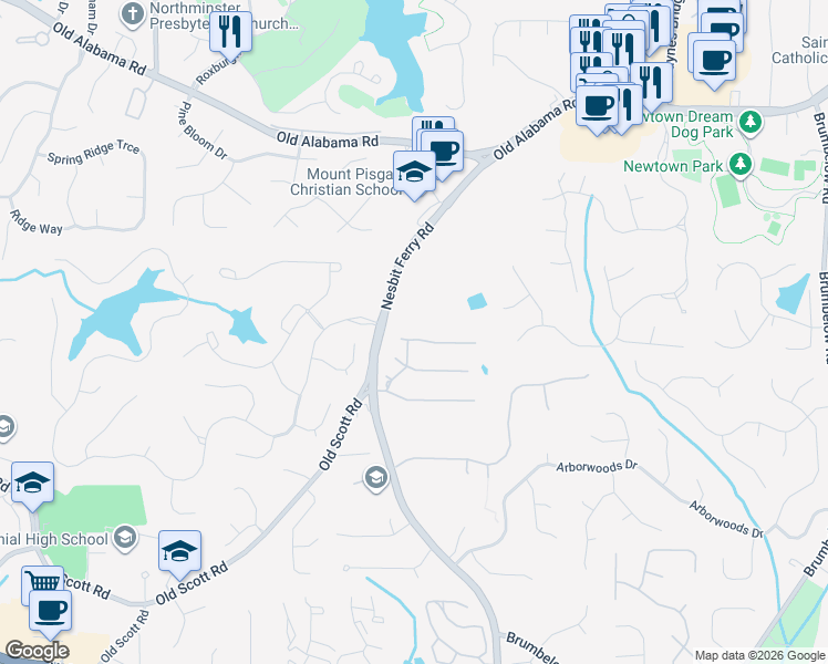 map of restaurants, bars, coffee shops, grocery stores, and more near 640 Saint Regis Lane in Alpharetta