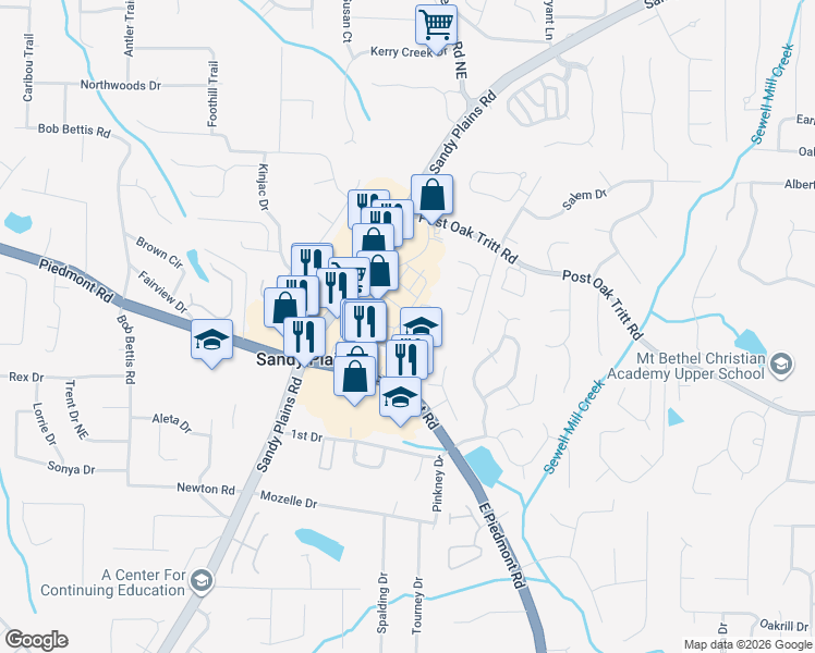 map of restaurants, bars, coffee shops, grocery stores, and more near 2692 Sandy Plains Road in Marietta