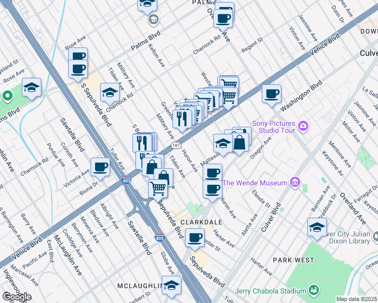 map of restaurants, bars, coffee shops, grocery stores, and more near 3832 Huron Avenue in Culver City