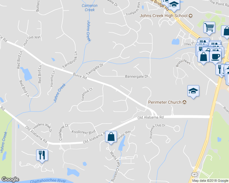 map of restaurants, bars, coffee shops, grocery stores, and more near 5265 Buice Road in Alpharetta