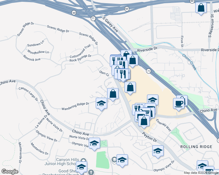 map of restaurants, bars, coffee shops, grocery stores, and more near 2682 Lookout Circle in Chino Hills