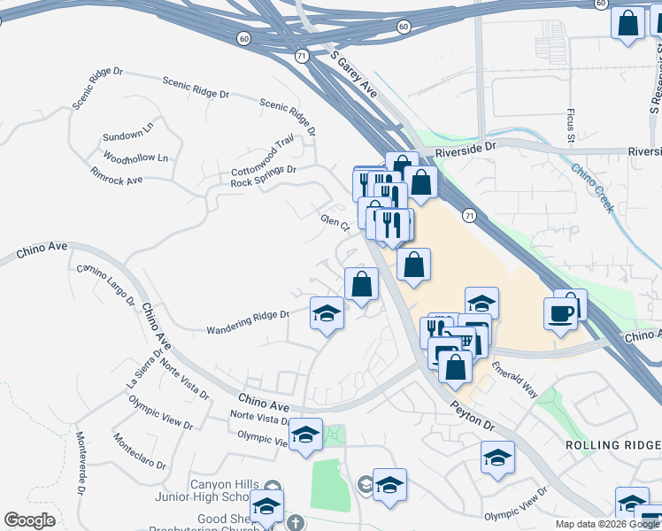 map of restaurants, bars, coffee shops, grocery stores, and more near 2682 Lookout Circle in Chino Hills