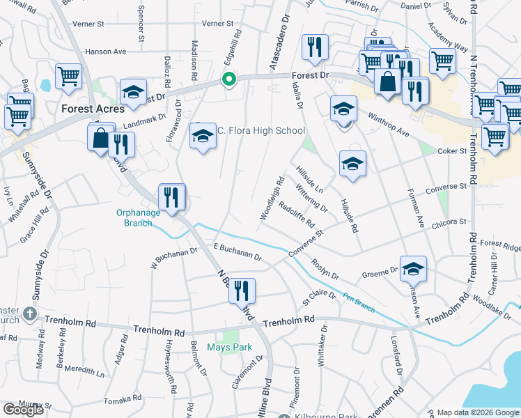 map of restaurants, bars, coffee shops, grocery stores, and more near 4210 Woodleigh Road in Columbia