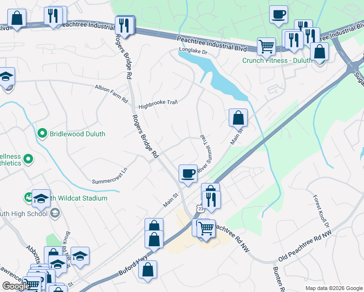 map of restaurants, bars, coffee shops, grocery stores, and more near 2639 Timberbrooke Way in Duluth