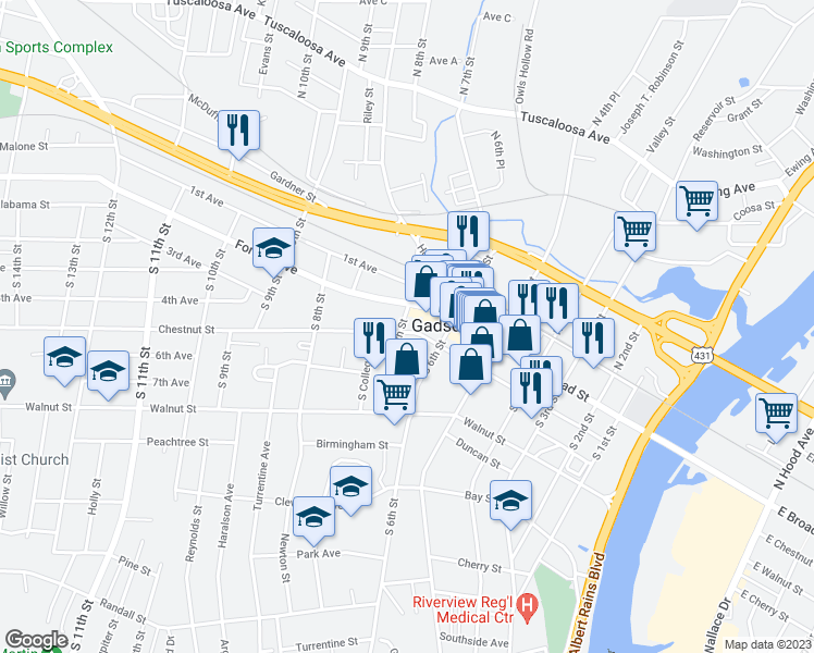 map of restaurants, bars, coffee shops, grocery stores, and more near 699 Chestnut Street in Gadsden