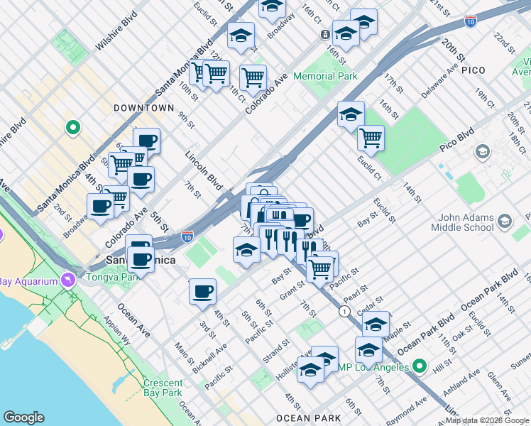 map of restaurants, bars, coffee shops, grocery stores, and more near 1820 9th Street in Santa Monica