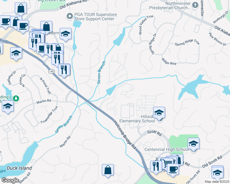map of restaurants, bars, coffee shops, grocery stores, and more near 3500 Calibre Creek Parkway in Roswell