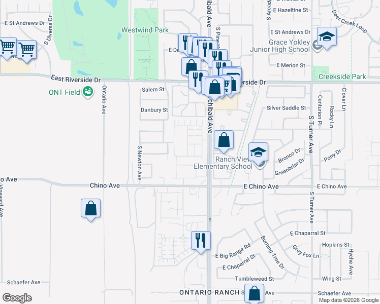 map of restaurants, bars, coffee shops, grocery stores, and more near 3273 Sprout Paseo in Ontario