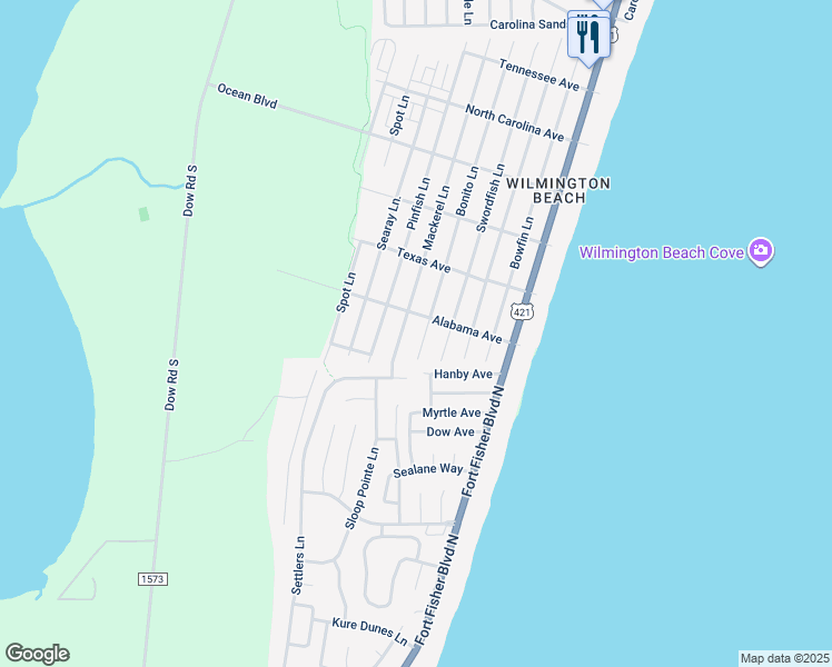 map of restaurants, bars, coffee shops, grocery stores, and more near 1706 Bonito Lane in Carolina Beach