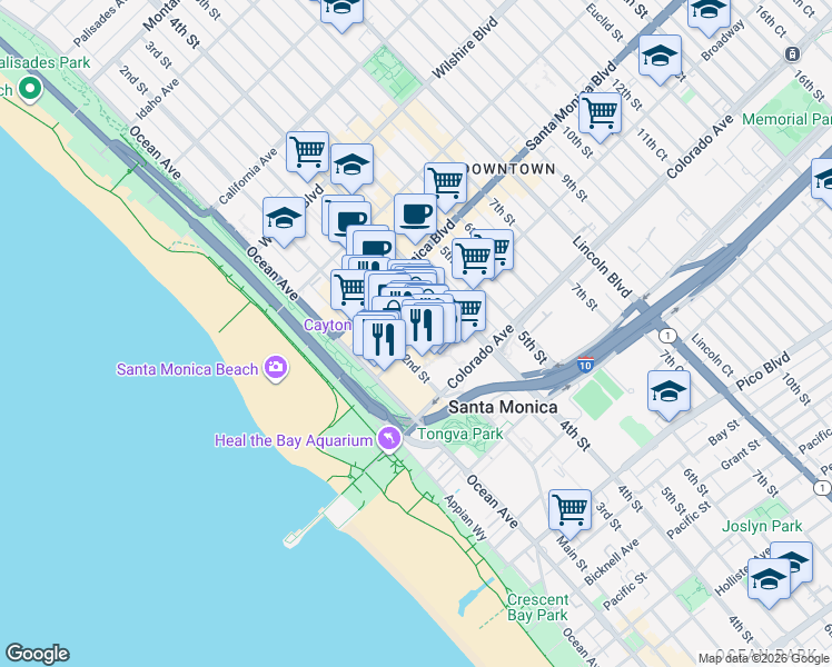map of restaurants, bars, coffee shops, grocery stores, and more near 227 Broadway in Santa Monica