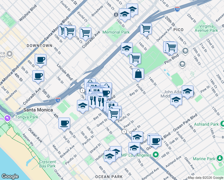 map of restaurants, bars, coffee shops, grocery stores, and more near 1863 10th Street in Santa Monica