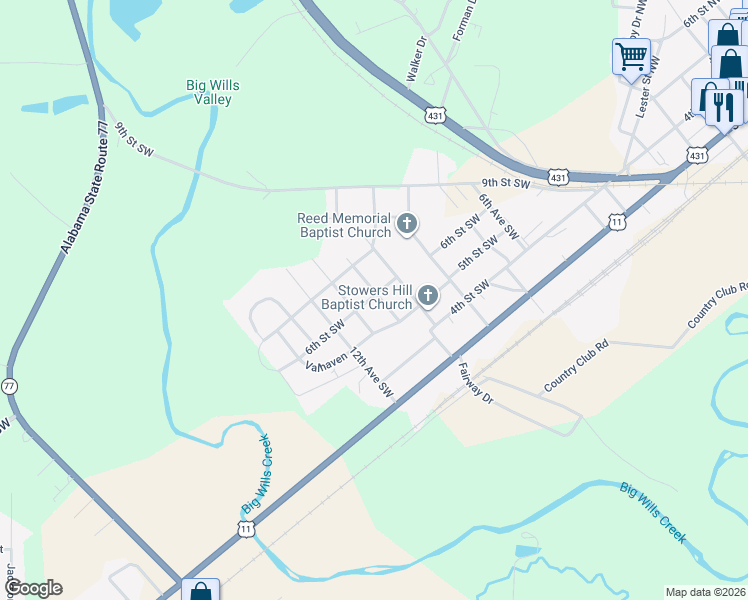 map of restaurants, bars, coffee shops, grocery stores, and more near 520 10th Avenue Southwest in Attalla