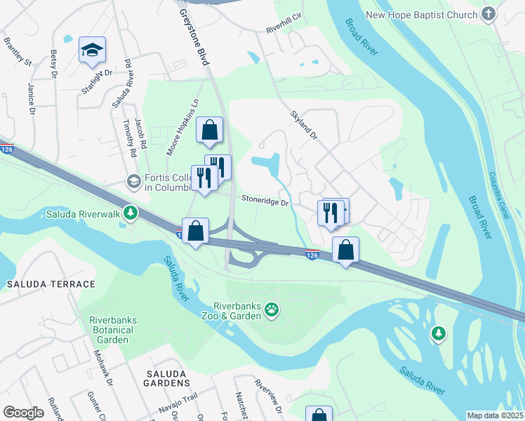 map of restaurants, bars, coffee shops, grocery stores, and more near 180 Stoneridge Drive in Columbia