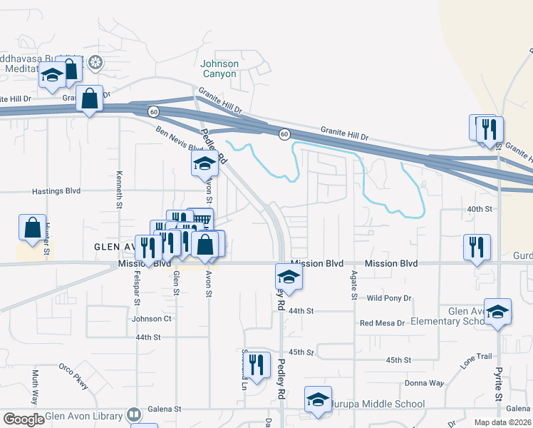map of restaurants, bars, coffee shops, grocery stores, and more near 4041 Pedley Road in Riverside