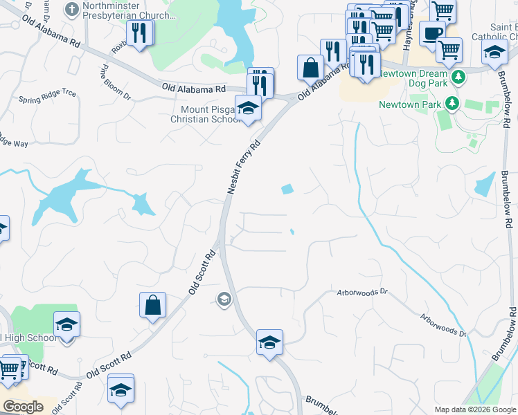 map of restaurants, bars, coffee shops, grocery stores, and more near 640 Saint Regis Lane in Alpharetta