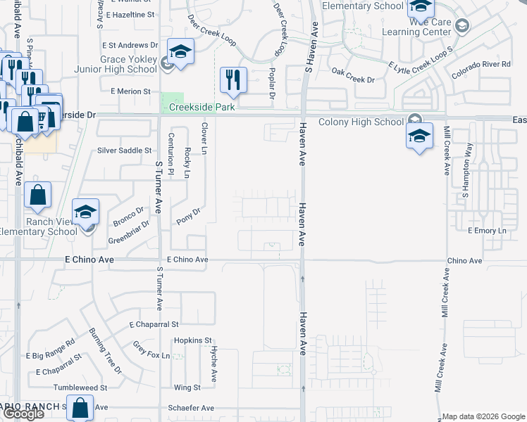 map of restaurants, bars, coffee shops, grocery stores, and more near 13210 South Haven Avenue in Ontario