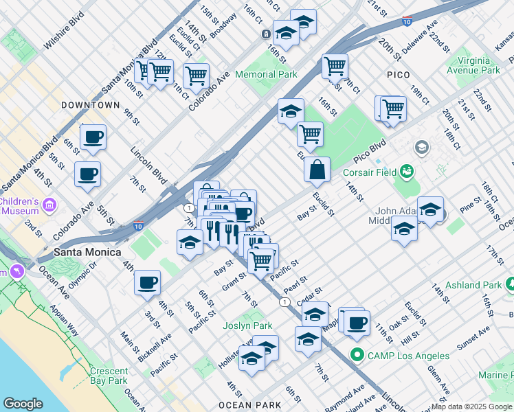 map of restaurants, bars, coffee shops, grocery stores, and more near 1013 Pico Boulevard in Santa Monica