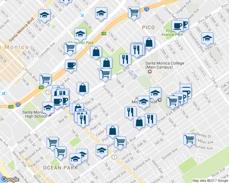 map of restaurants, bars, coffee shops, grocery stores, and more near 1315 Grant Street in Santa Monica