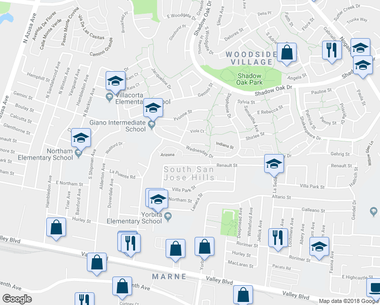 map of restaurants, bars, coffee shops, grocery stores, and more near 1911 Hawaii Street in West Covina
