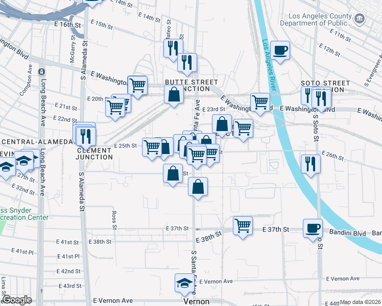map of restaurants, bars, coffee shops, grocery stores, and more near 2529 South Santa Fe Avenue in Vernon