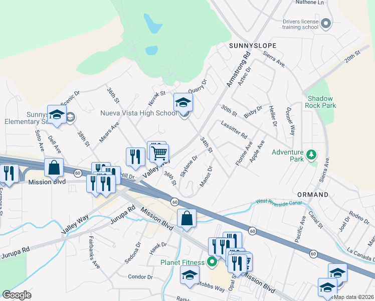 map of restaurants, bars, coffee shops, grocery stores, and more near 3490 Valley Way in Riverside
