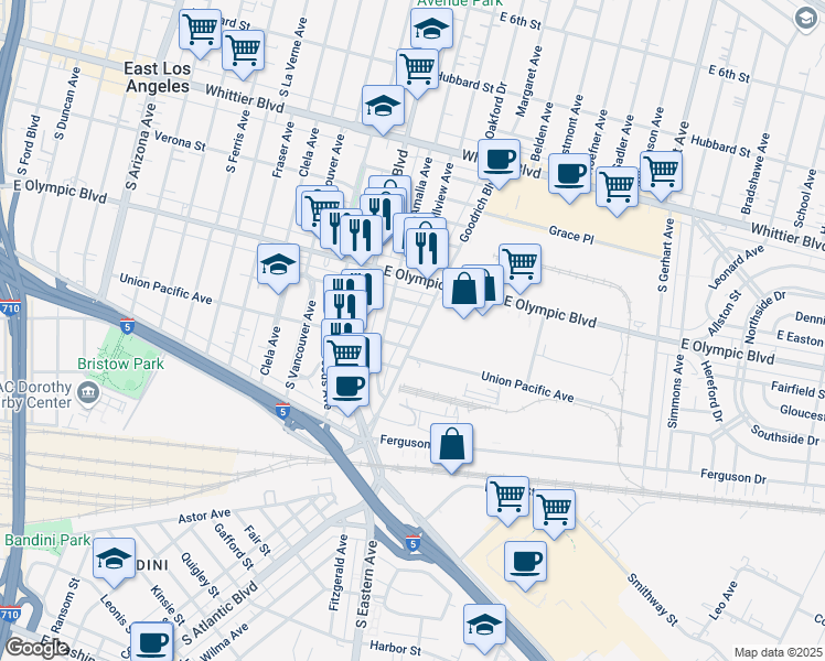 map of restaurants, bars, coffee shops, grocery stores, and more near 1270-1278 Goodrich Blvd in East Los Angeles
