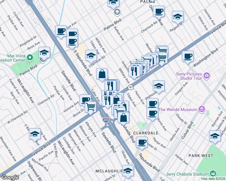 map of restaurants, bars, coffee shops, grocery stores, and more near 11103 Venice Boulevard in Los Angeles
