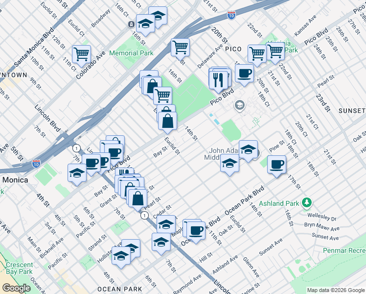 map of restaurants, bars, coffee shops, grocery stores, and more near 1315 Grant Street in Santa Monica