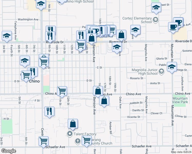 map of restaurants, bars, coffee shops, grocery stores, and more near 13169 Benson Avenue in Chino