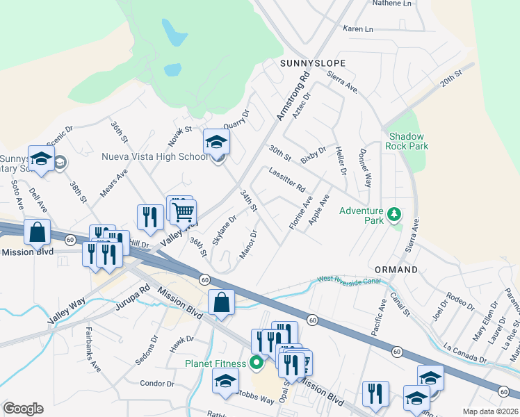 map of restaurants, bars, coffee shops, grocery stores, and more near 6686 34th Street in Riverside