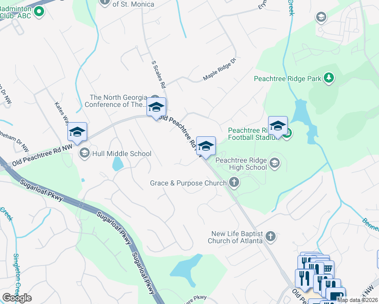 map of restaurants, bars, coffee shops, grocery stores, and more near 1650 Old Peachtree Road Northwest in Suwanee