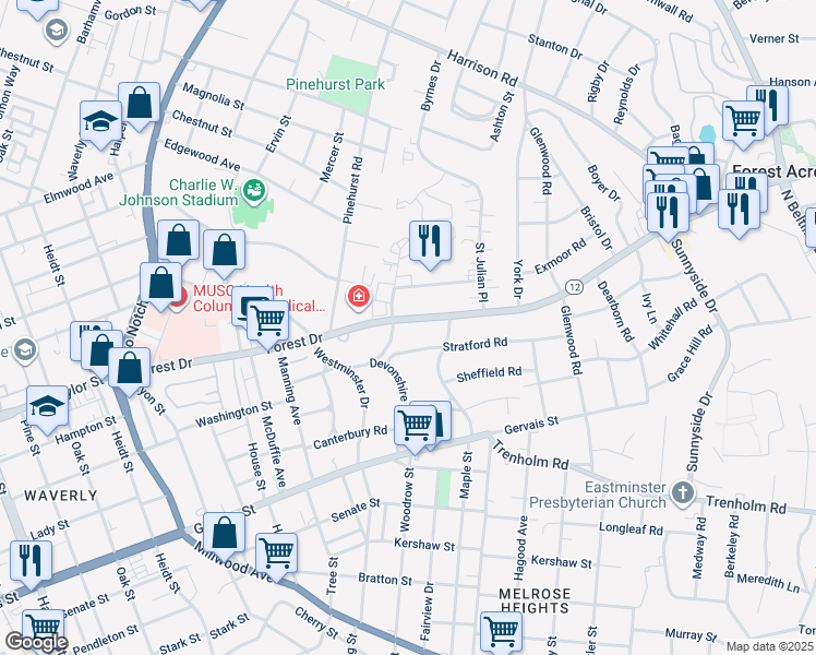 map of restaurants, bars, coffee shops, grocery stores, and more near 2714 Forest Drive in Columbia