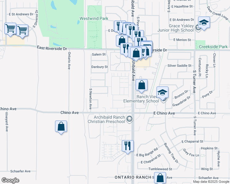 map of restaurants, bars, coffee shops, grocery stores, and more near 3261 Silo Paseo in Ontario