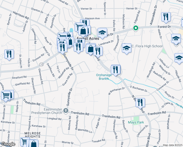 map of restaurants, bars, coffee shops, grocery stores, and more near 3400 Brookwood Court in Columbia