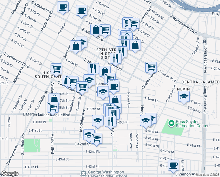 map of restaurants, bars, coffee shops, grocery stores, and more near in Los Angeles