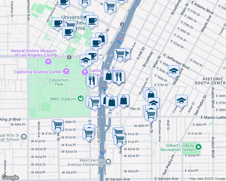 map of restaurants, bars, coffee shops, grocery stores, and more near 3828 South Grand Avenue in Los Angeles