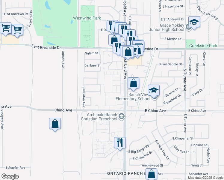map of restaurants, bars, coffee shops, grocery stores, and more near 3260 Sprout Paseo in Ontario