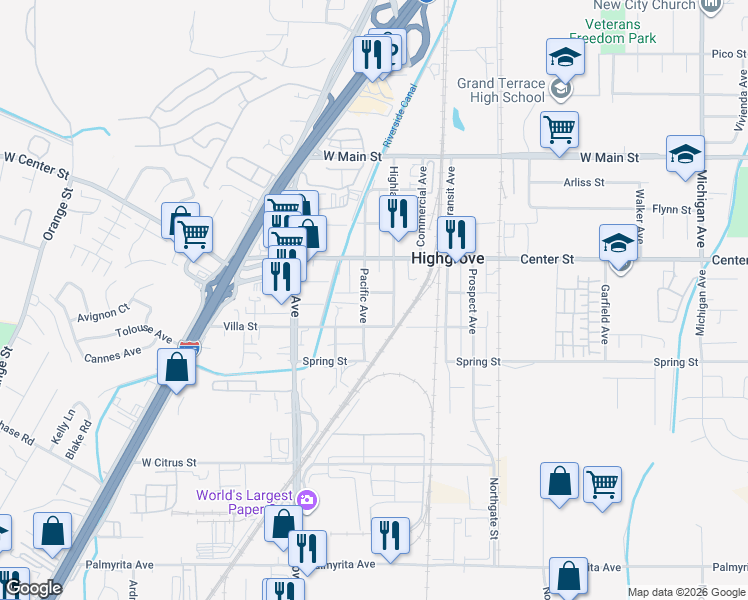 map of restaurants, bars, coffee shops, grocery stores, and more near in Riverside