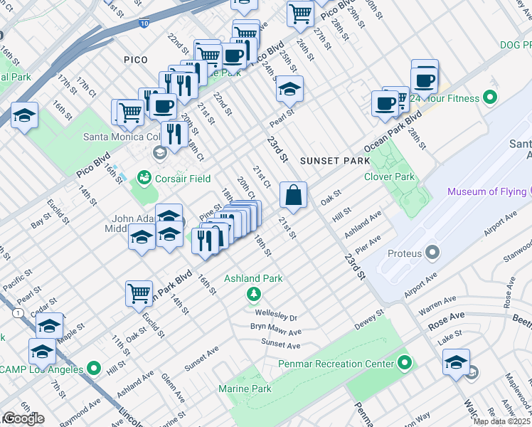 map of restaurants, bars, coffee shops, grocery stores, and more near 2015 Ocean Park Place South in Santa Monica