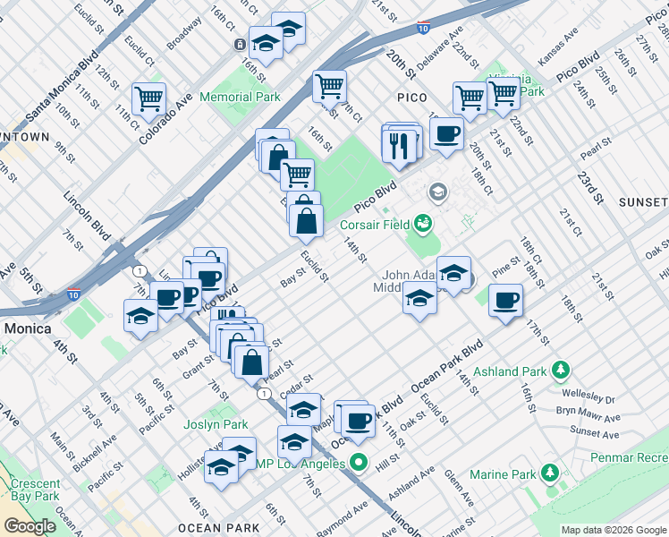 map of restaurants, bars, coffee shops, grocery stores, and more near 1315 Grant Street in Santa Monica