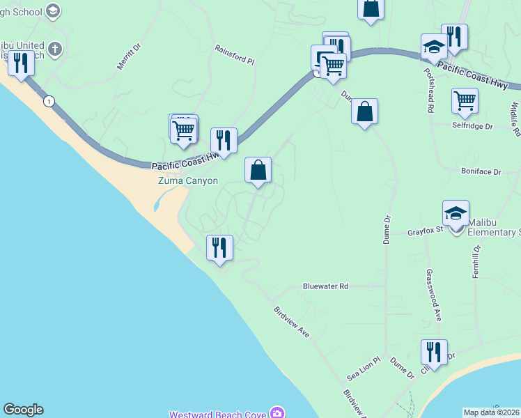 map of restaurants, bars, coffee shops, grocery stores, and more near 29701-29799 Heathercliff Rd in Malibu