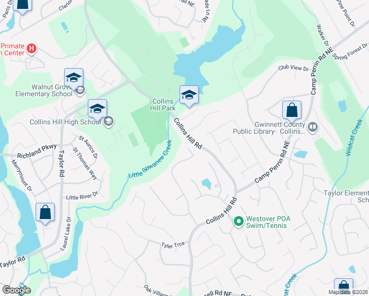 map of restaurants, bars, coffee shops, grocery stores, and more near 2320 Wildcat Cliffs Way in Lawrenceville