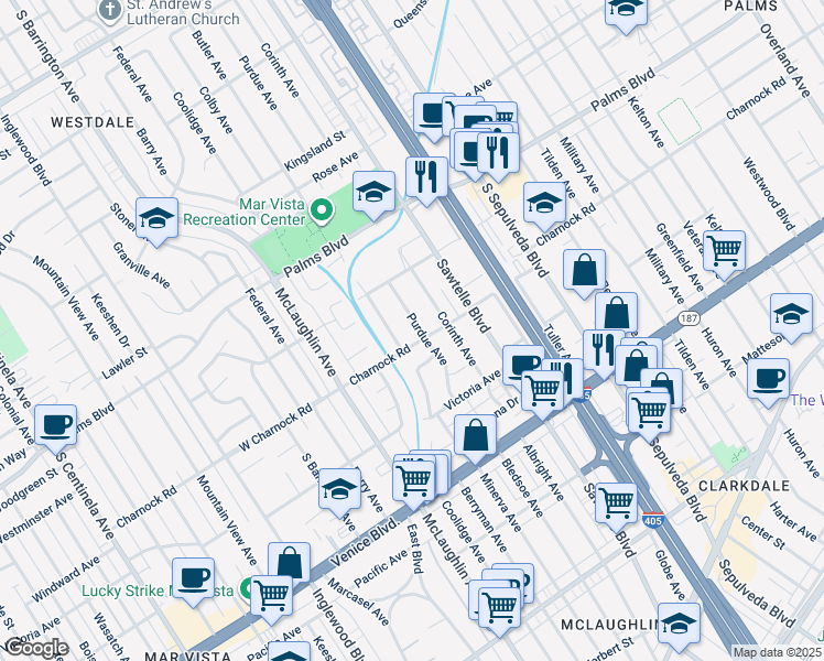 map of restaurants, bars, coffee shops, grocery stores, and more near 3563 Purdue Avenue in Los Angeles