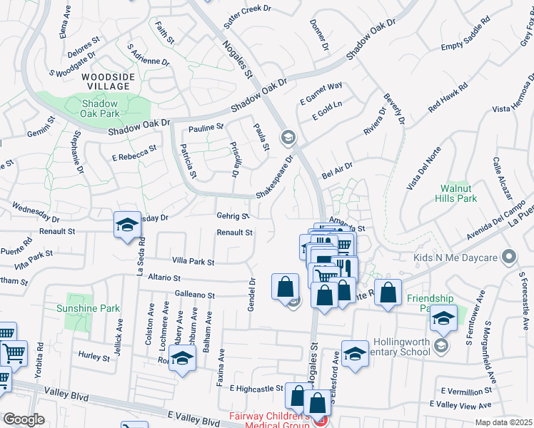 map of restaurants, bars, coffee shops, grocery stores, and more near 3453 Willow Glen Lane in West Covina