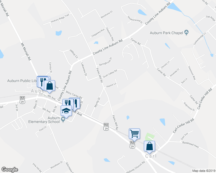 map of restaurants, bars, coffee shops, grocery stores, and more near 81 Peyton Lane in Auburn