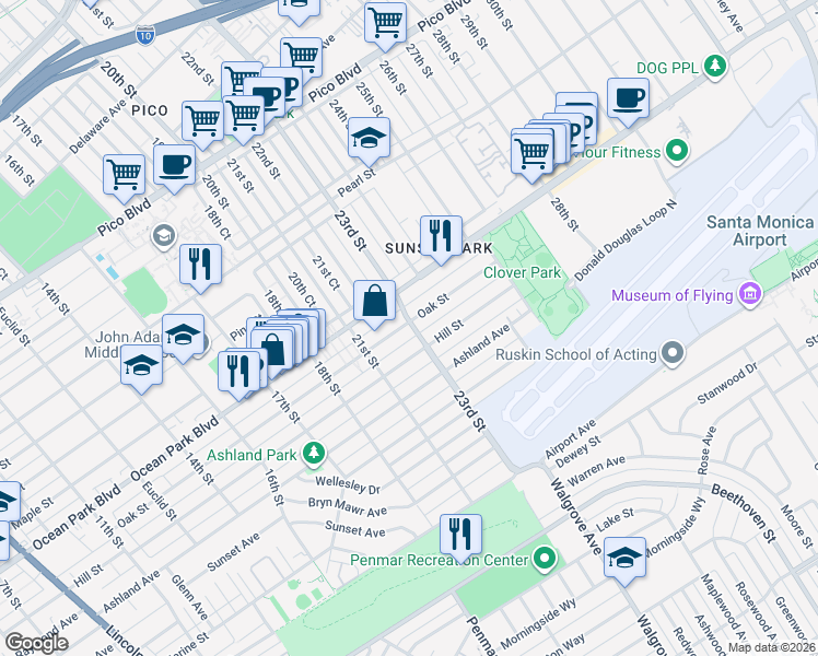 map of restaurants, bars, coffee shops, grocery stores, and more near 2224 Hill Place North in Santa Monica