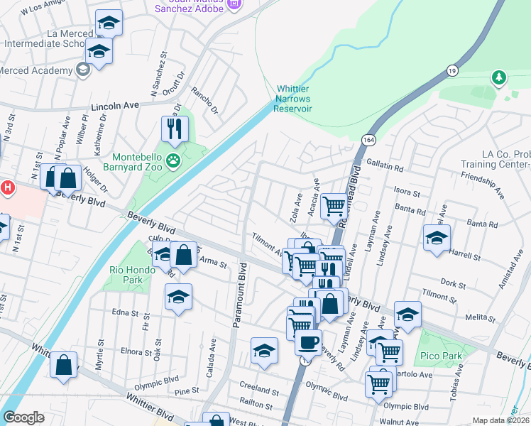 map of restaurants, bars, coffee shops, grocery stores, and more near 8736 Ibsen Street in Pico Rivera